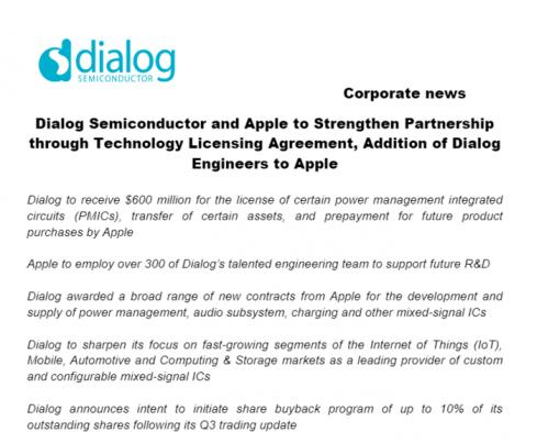 蘋(píng)果斥資6億美元,收購(gòu)Dialog電源管理芯片部門
